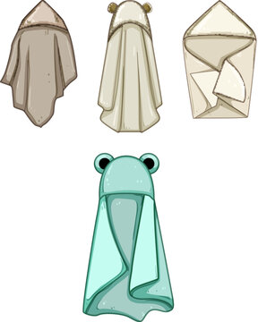 Group of cute hooded baby towels, including brown, beige, and a green frog design, providing warmth and softness for newborns and infants after bath time