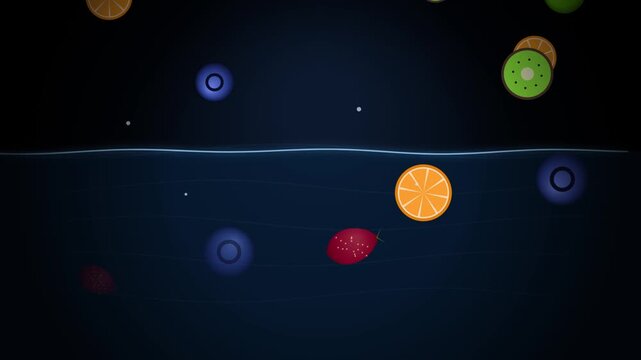 Various colorful fruits floating and dropping through water in a 2D animation loop