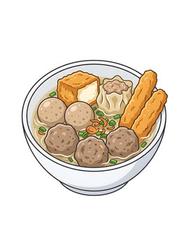 Indonesian bakso malang soup with meatballs, tofu, siomay, and fritters illustration isolated on transparent background