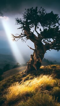 Ancient Bristlecone Pine on a Grassy Ridge with Golden Light Beams and Misty Mountains Background