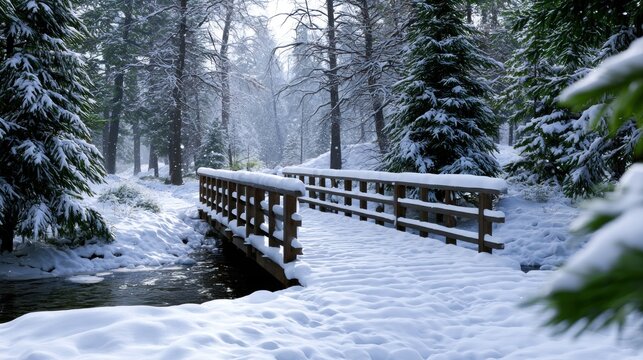 Snow-laden bridge over a tranquil stream amidst tall, dense evergreens in a serene winter forest