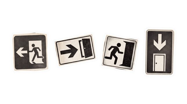 emergency exit sign retro halftone set , clean white border outline PNG