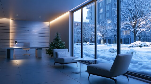 Modern interior with sleek design, featuring snowy landscape outside, creating a serene winter ambiance