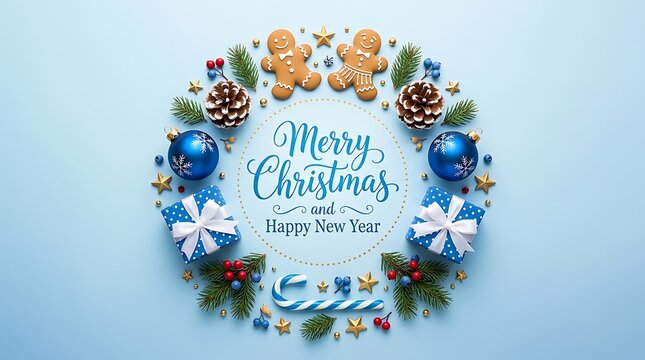 Christmas wreath made of gingerbread men and blue ornaments on blue background