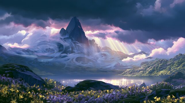 Serene Anime Landscape of a Jagged Mountain Peak with Wildflowers and Sunbeams over Alpine Lake