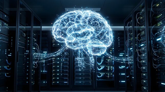 Digital brain hologram in data center server room representing AI and cloud computing