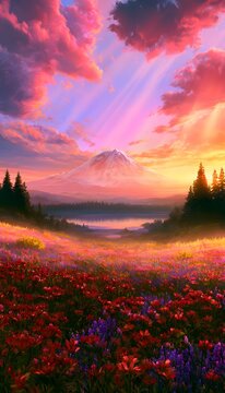 Dreamy anime landscape featuring a vibrant wildflower meadow under a glowing sunset mountain peak