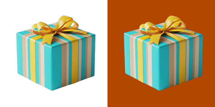 Striped Present Box with Yellow Ribbon Bow and Wrapping Paper Gift Decoration transparent png