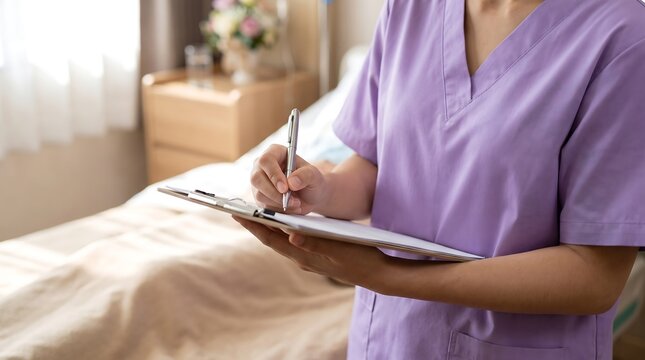 Healthcare professional in purple scrubs writing on a clipboard in a patient's room, focusing on medical documentation and patient care.