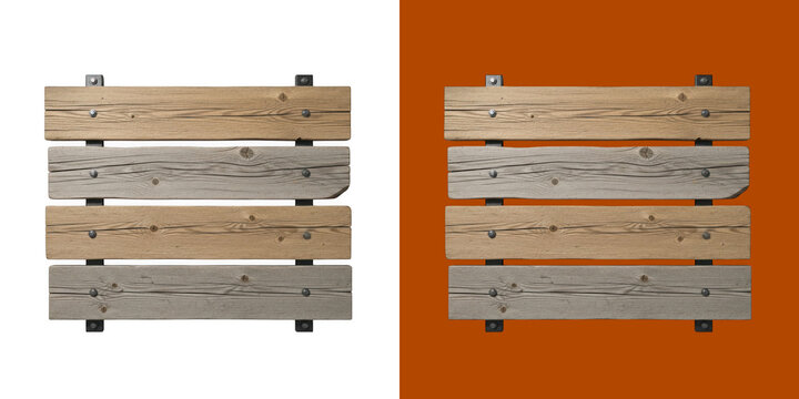 Rustic weathered wooden planks mounted on iron rails forming a signage board transparent png