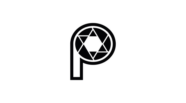 Minimalist letter P logo with camera shutter aperture, black and white photography icon, geometric lens symbol for creative media