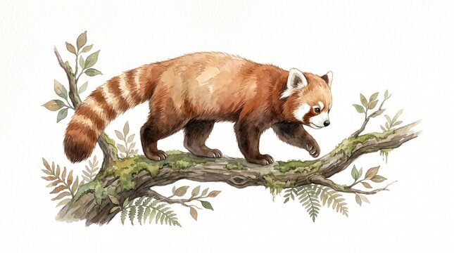 Red panda watercolor illustration, cute animal walking on mossy tree branch with green leaves, hand painted wildlife art isolated on white background