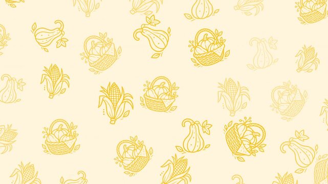 Autumn harvest doodle pattern with cornucopia basket, pumpkin, gourd and corn. Seamless loop, gold monochrome line art on cream.