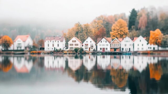 A Serene Lakeside Village in Autumn Hues: Quaint houses with red roofs line a tranquil lake, their reflections shimmering on the water's surface.
