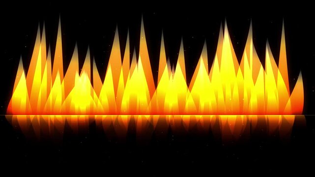 Stylized fire flames on black background, glowing orange heat waves with reflection, abstract burning fire border for video overlays