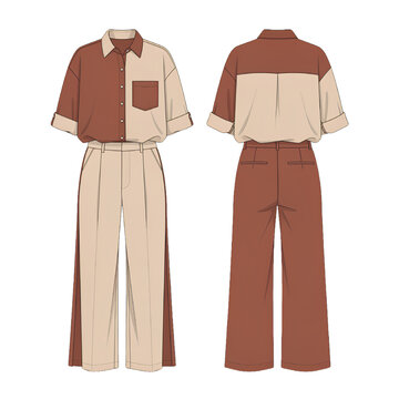 Women&rsquo;s Sunset Linen Two Piece Set with Shirt and Wide Leg Pants Flat Vector