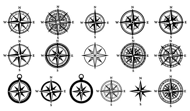 Vintage Marine Compass Rose and Cardinal Navigation Silhouette Set