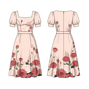 Elegant Rose Floral Midi Dress Front and Back View Flat Vector Fashion Illustration