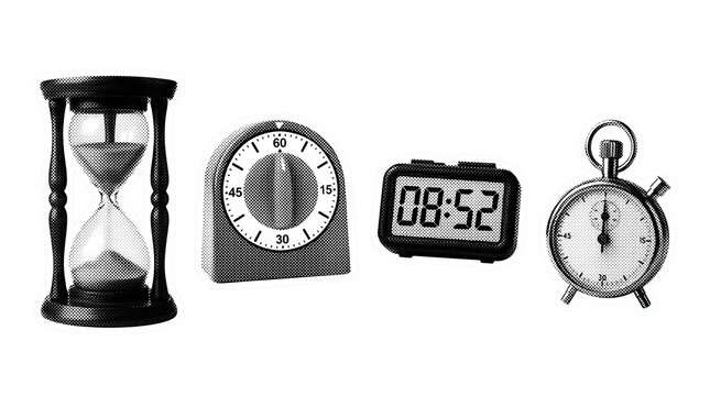 game timer retro halftone set , clean white border outline PNG