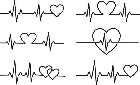 heartbeat and pulse line icons with hearts vector illustration.