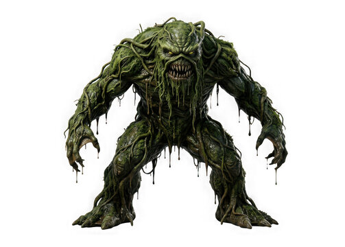 Menacing swamp monster creature covered in moss, vines, and mud isolated on transparent background
