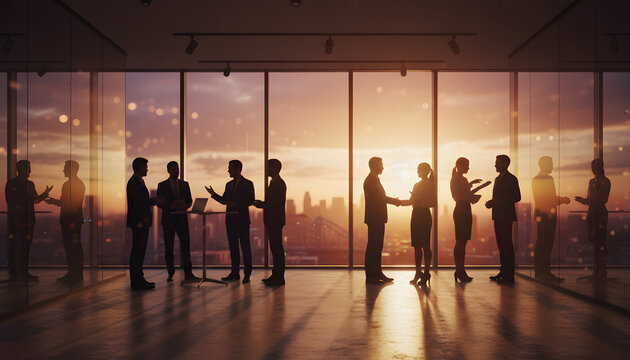 Silhouettes of business people engaged in conversation against a backdrop of a city skyline at sunset, creating a warm, professional atmosphere.