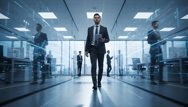 A businessman walks confidently through a bustling office corridor, surrounded by motion blur to emphasize the fast-paced environment of corporate life.