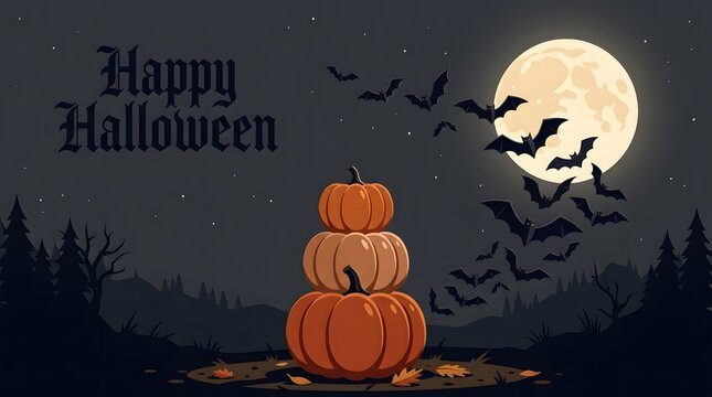 A spooky halloween background featuring a stack of orange pumpkins under a full moon with flying bats at night