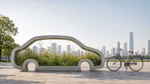 Bicycle parked next to concrete car silhouette filled with green wildflowers on city square. World car free day concept. Eco friendly urban transport and sustainable green city lifestyle.