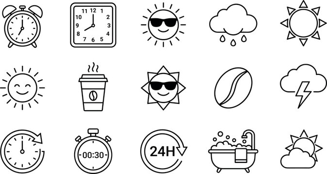 Daily morning routine and weather icon set featuring line art vectors for clocks coffee sun elements clouds and lifestyle schedule symbols