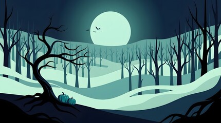 Fototapeta premium A spooky halloween night landscape featuring a glowing full moon over a dark forest with bare winter trees