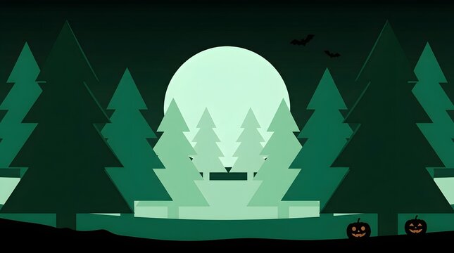 A spooky halloween background featuring a glowing full moon behind dark pine trees and carved jack o lanterns below