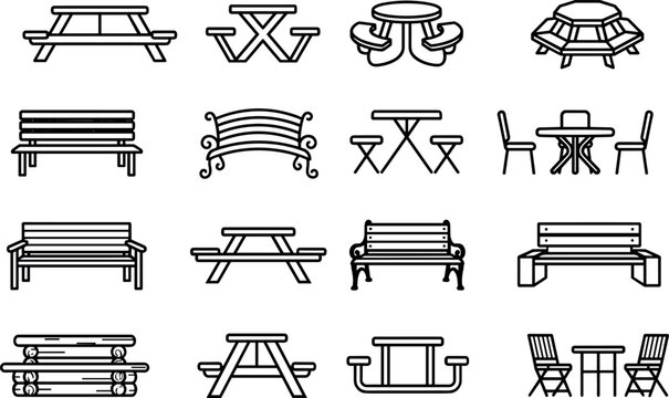 Picnic table and park bench icon set featuring line art vectors for outdoor street furniture backyard patio and garden seating