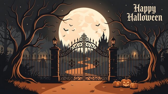 Spooky happy halloween background featuring a wrought iron gate under a large full moon in a dark night sky