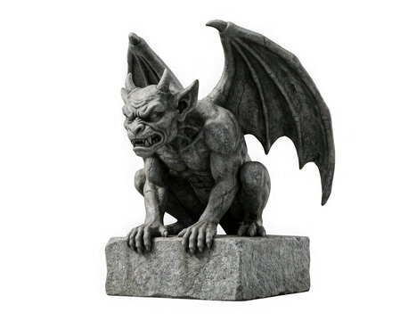 Stone gargoyle statue crouching on a rock pedestal with wings spread, isolated on transparent background