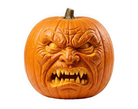 Carved pumpkin with a realistic angry monster face and sharp teeth, isolated on transparent background