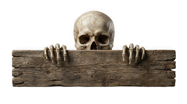 Human skull with skeleton hands holding a blank rustic wooden sign isolated on transparent background