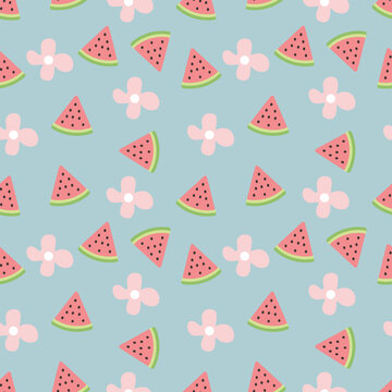 Pastel watermelon seamless pattern on soft pastel blue background.