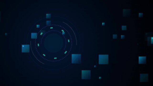 Futuristic digital HUD interface with glowing blue squares. Abstract technology background with rotating circular elements. High-tech motion graphics for data visualization.