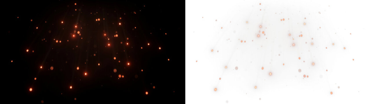 Floating glowing fire particles with light trails, abstract orange embers rising, magical dust sparks overlay effect for video editing isolated on transparent background
