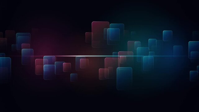 Abstract digital background with glowing blue and purple squares. Futuristic data visualization motion graphics. Tech geometric pattern overlay.