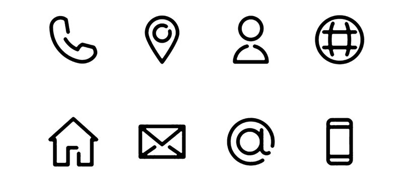 Contact information icon set. Web icons, thin line editable stroke, flat. home, call, email, address, location, globe, message, envelope, mobile, telephone, website. Business card, contact us eleme