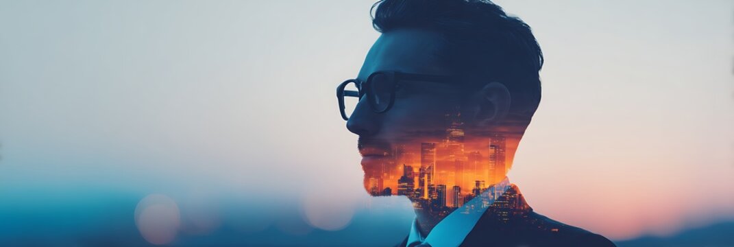 A double exposure image of a man in glasses overlaid with a city skyline at dusk, blending human and urban elements.