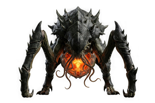 Fearsome dark armored alien creature with glowing orange core isolated on transparent background