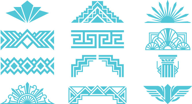 Art deco geometric design borders and fan shape ornaments in solid cyan color style.