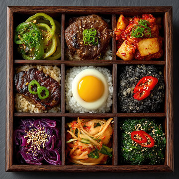 Traditional Korean wooden lunch box filled with assorted banchan and rice