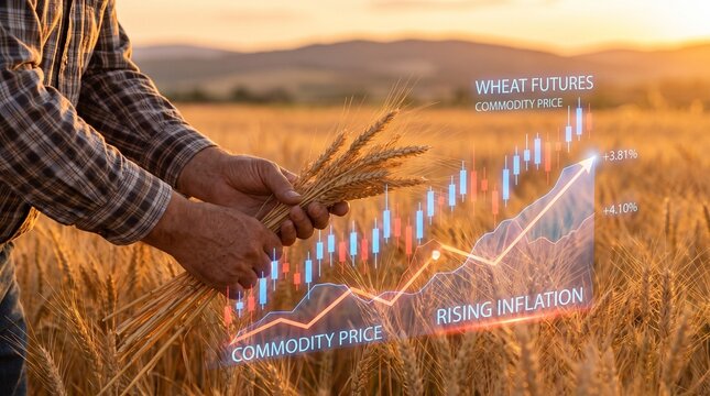 Farmer holding wheat in field with commodity price charts