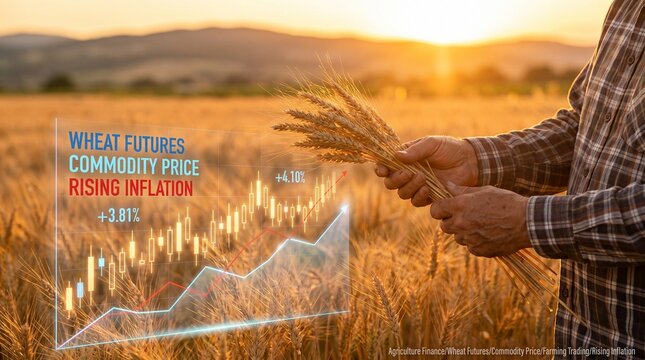 Farmer holding wheat with financial graph overlay