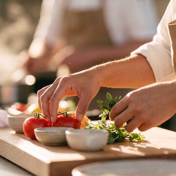 Close Up of Chef Hands Preparing Ripe Tomatoes and Fresh Herbs on Wooden Board in Warm Natural Sunlight for Healthy Farm to Table Concept