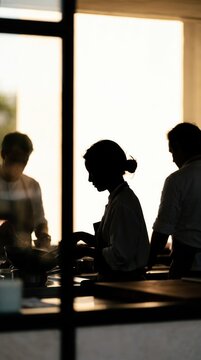 Vertical Silhouetted View of Professional Chefs Cooking in Busy Commercial Kitchen with Warm Backlight for Culinary Arts and Fine Dining Concept